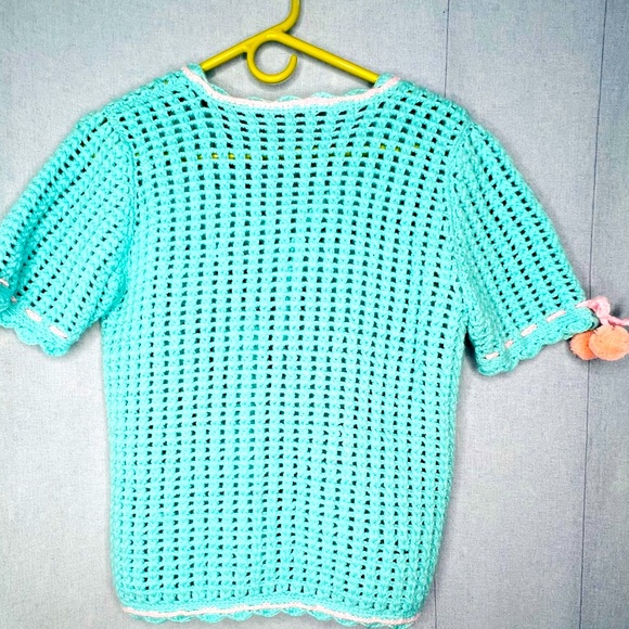 Pink and Aqua Crocheted Top with Pom Poms - Picture 5 of 6